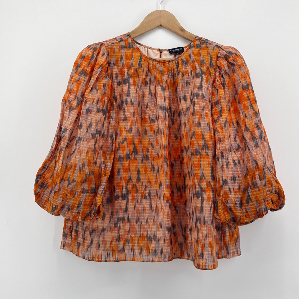 Lucchese Womens Large Burnt Orange Ikat Linen Blend Puff Sleeve Blouse Top